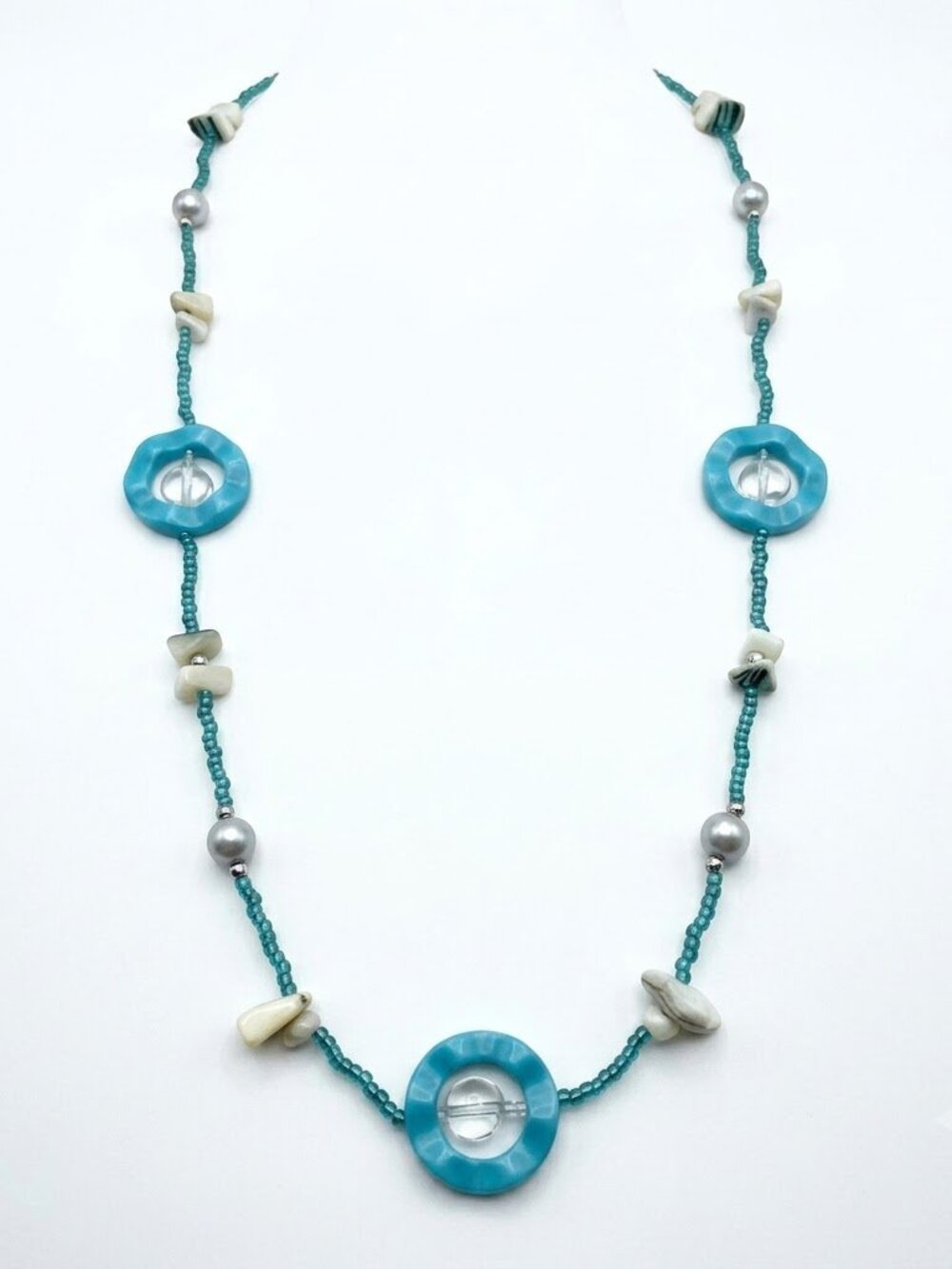 Boho Aqua Teal Seed Bead Necklace Mother of Pearl Shell Chip Beach Coastal Style